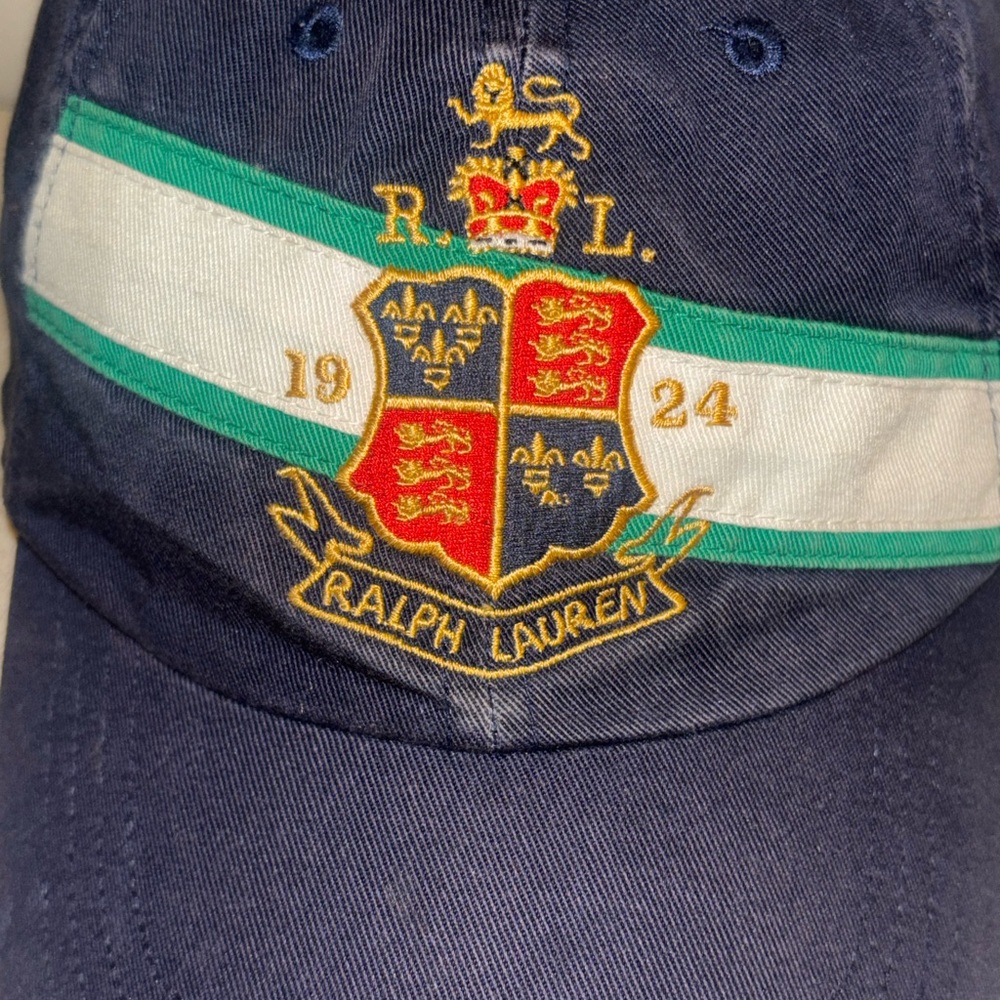 Polo Ralph Lauren Navy Baseball Cap with Green & White Stripe and Crest - Picture 2 of 10